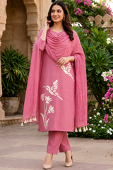 Rose Pink Bird Print Cotton Co-ord Set for Women – Festive Kurta, Pant & Dupatta