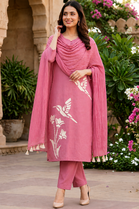 Rose Pink Bird Print Cotton Co-ord Set for Women – Festive Kurta, Pant & Dupatta