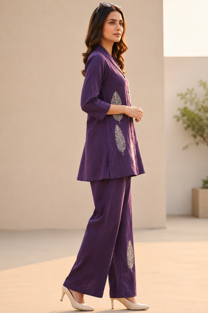 Royal Purple Leaf Embroidered Cotton Co-Ord Set for Women — Notch Lapel Shirt & Straight Trousers