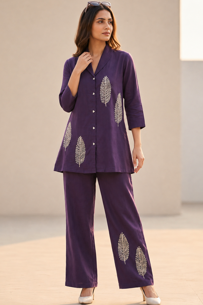 Royal Purple Leaf Embroidered Cotton Co-Ord Set for Women — Notch Lapel Shirt & Straight Trousers