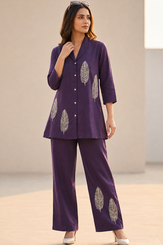 Royal Purple Leaf Embroidered Cotton Co-Ord Set for Women — Notch Lapel Shirt & Straight Trousers