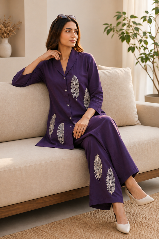 Royal Purple Leaf Embroidered Cotton Co-Ord Set for Women — Notch Lapel Shirt & Straight Trousers
