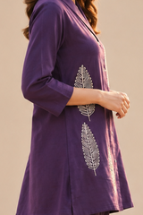 Royal Purple Leaf Embroidered Cotton Co-Ord Set for Women — Notch Lapel Shirt & Straight Trousers