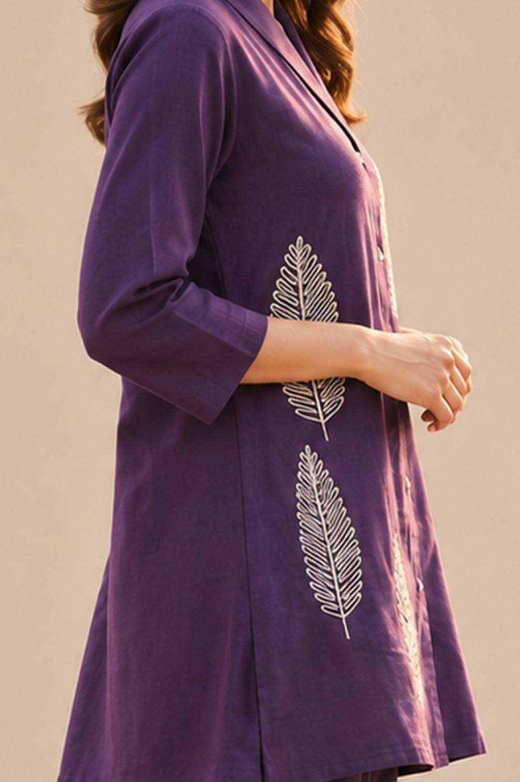 Royal Purple Leaf Embroidered Cotton Co-Ord Set for Women — Notch Lapel Shirt & Straight Trousers