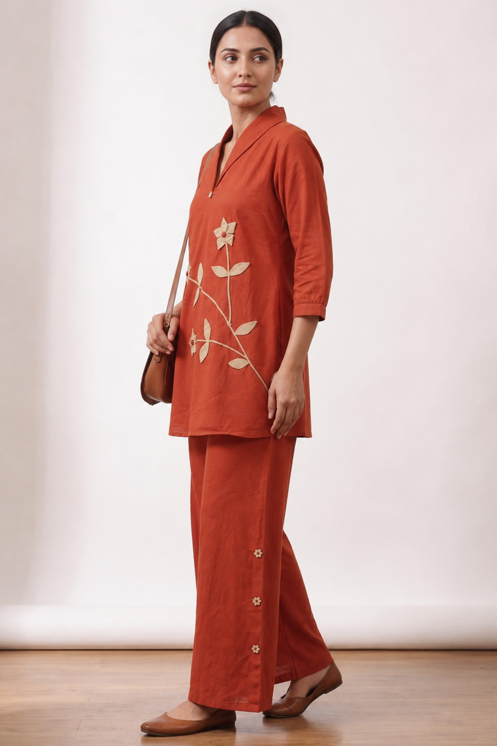 Rust Orange Floral Appliqué Cotton Co-Ord Set — Kurti & Wide-Leg Trouser