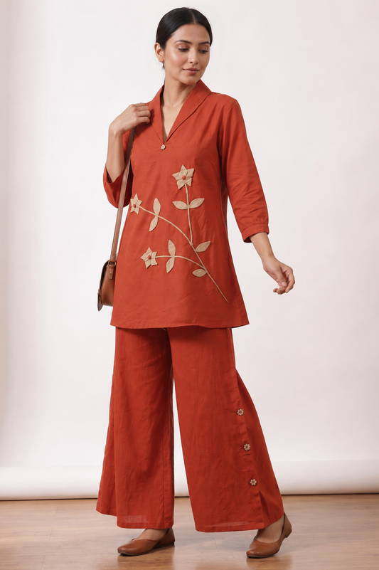 Rust Orange Floral Appliqué Cotton Co-Ord Set — Kurti & Wide-Leg Trouser