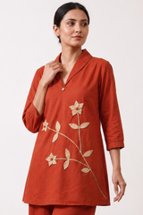 Rust Orange Floral Appliqué Cotton Co-Ord Set — Kurti & Wide-Leg Trouser