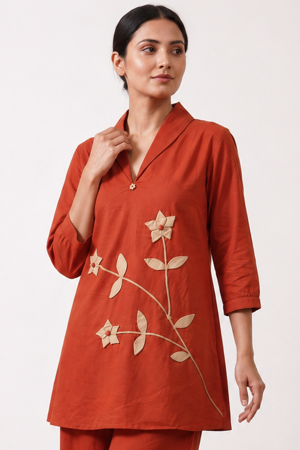Rust Orange Floral Appliqué Cotton Co-Ord Set — Kurti & Wide-Leg Trouser