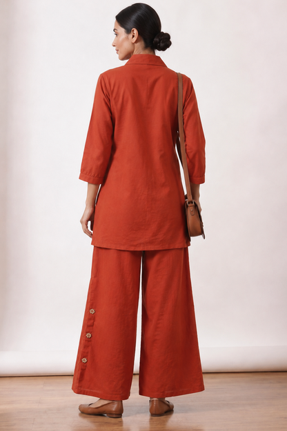 Rust Orange Floral Appliqué Cotton Co-Ord Set — Kurti & Wide-Leg Trouser