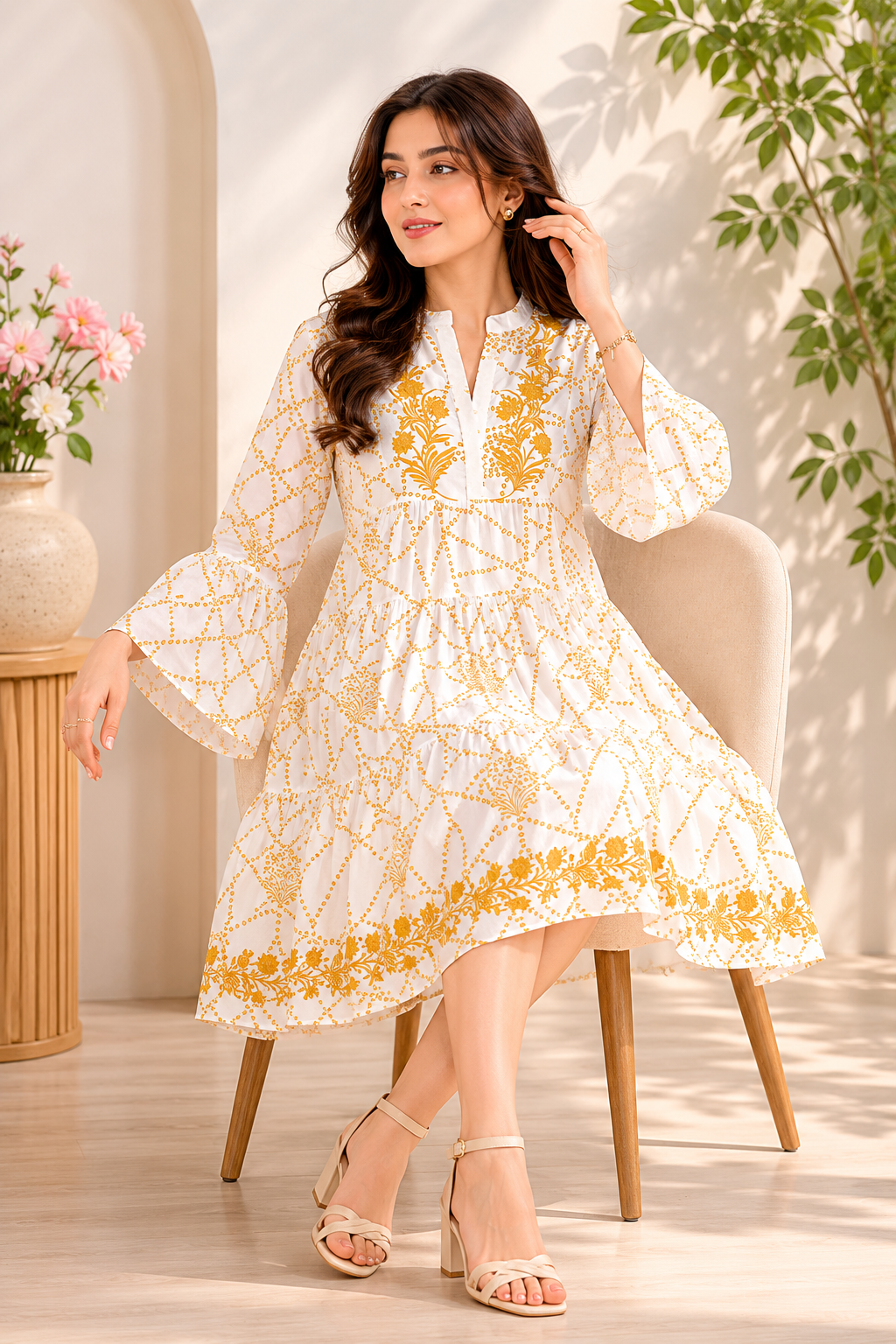 Ivory & Mustard Tiered Dress
