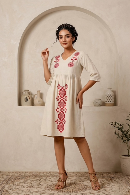 Off-White & Red Gathered Day Dress