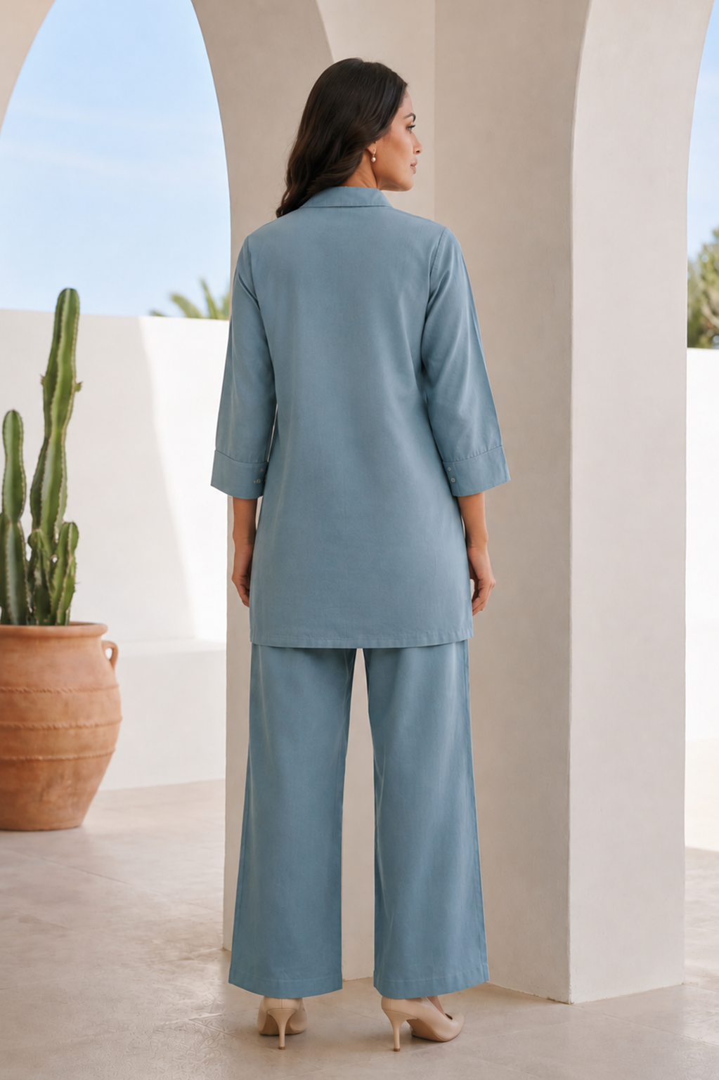 Sky Blue Leaf Embroidered Cotton Co-Ord Set — Shirt & Trouser