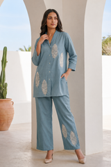 Sky Blue Leaf Embroidered Cotton Co-Ord Set — Shirt & Trouser