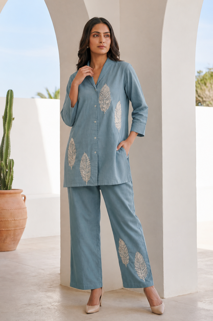 Sky Blue Leaf Embroidered Cotton Co-Ord Set — Shirt & Trouser