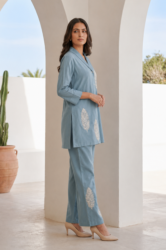 Sky Blue Leaf Embroidered Cotton Co-Ord Set — Shirt & Trouser