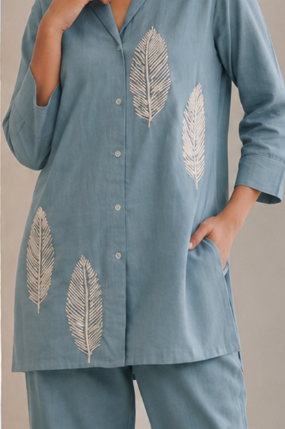 Sky Blue Leaf Embroidered Cotton Co-Ord Set — Shirt & Trouser