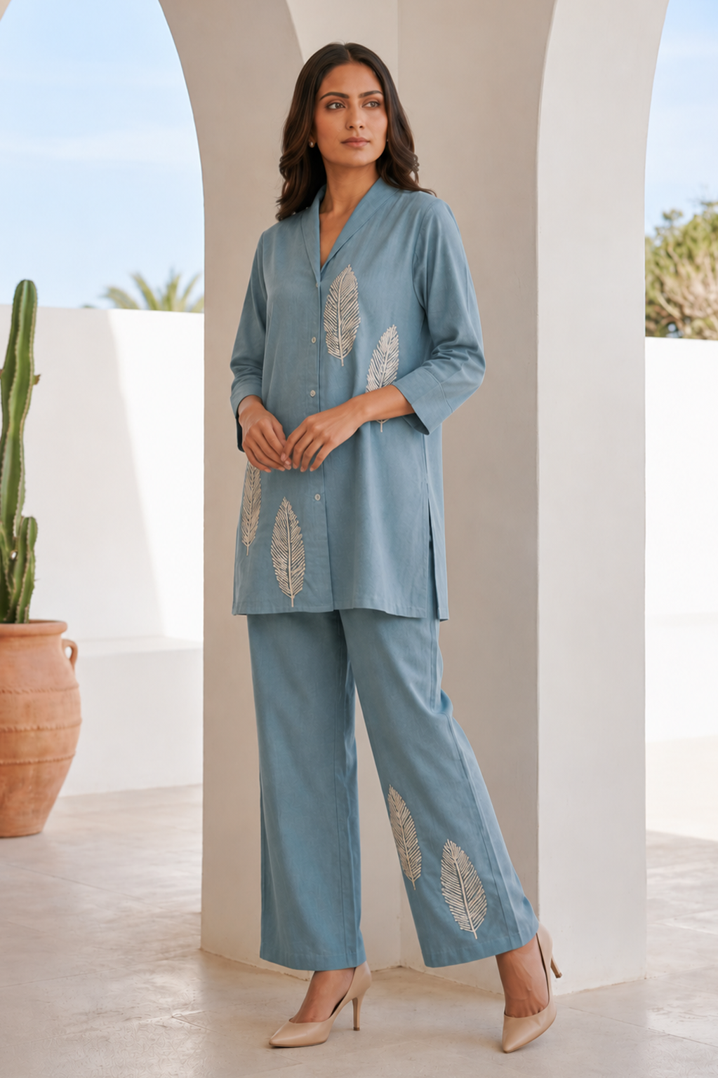 Sky Blue Leaf Embroidered Cotton Co-Ord Set — Shirt & Trouser
