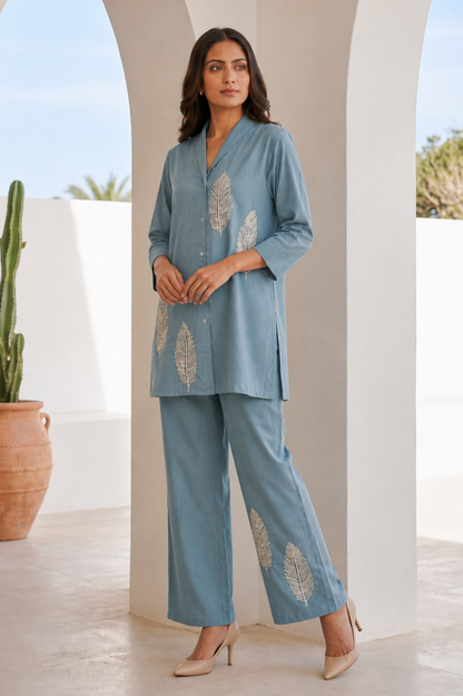 Sky Blue Leaf Embroidered Cotton Co-Ord Set — Shirt & Trouser