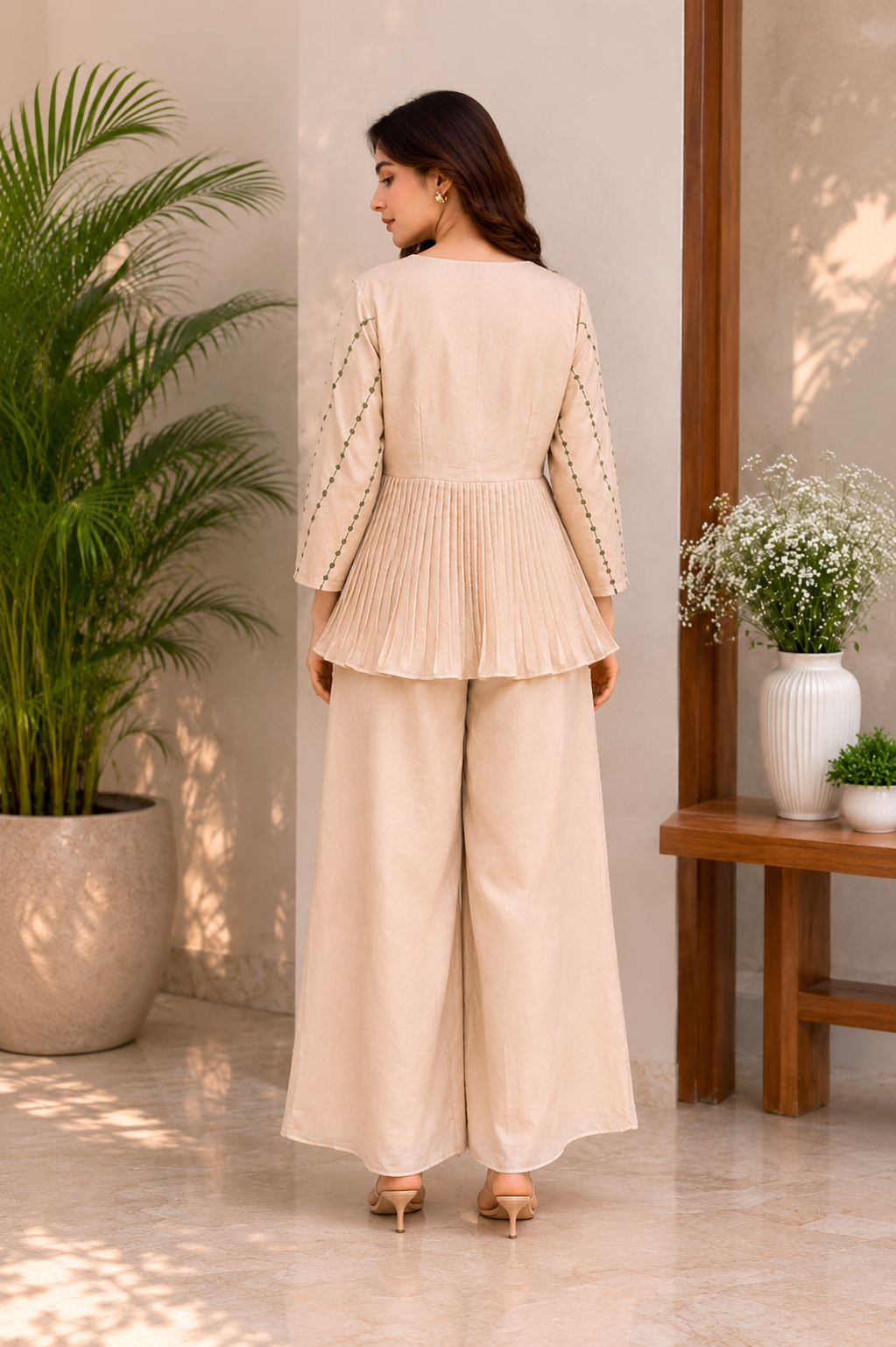 Beige Vichitra Zazu Silk Peplum Co-Ord Set