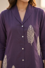 Royal Purple Leaf Embroidered Cotton Co-Ord Set for Women — Notch Lapel Shirt & Straight Trousers