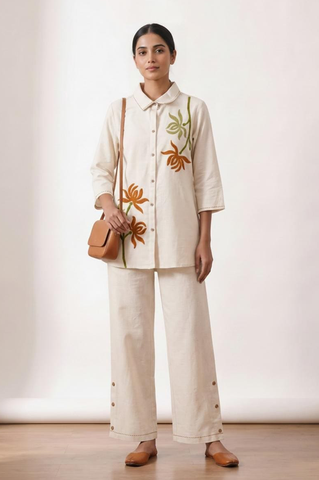 Ivory Floral Embroidered Linen Co-Ord Set
