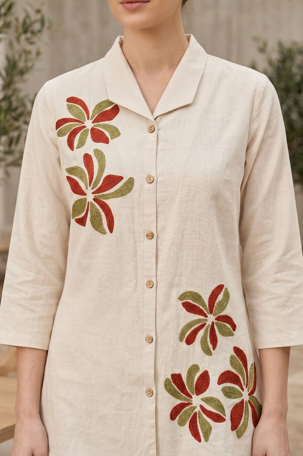Summer Cotton Co-Ord Set for Women — Ivory Floral Shirt & Wide-Leg Trousers