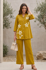 Mustard Yellow Floral Print Cotton Co-Ord Set — Shirt & Wide-Leg Trouser