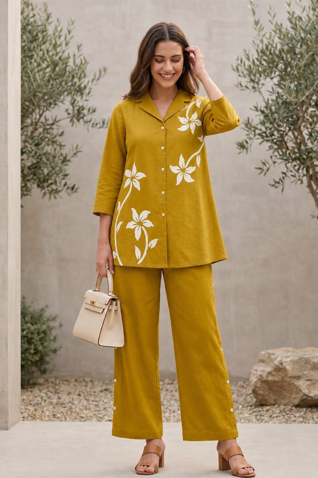 Mustard Yellow Floral Print Cotton Co-Ord Set — Shirt & Wide-Leg Trouser