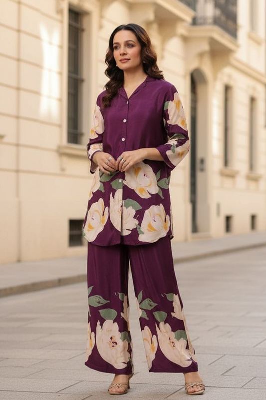 Plum Bloom Printed Co-Ord Set