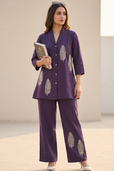 Royal Purple Leaf Embroidered Cotton Co-Ord Set for Women — Notch Lapel Shirt & Straight Trousers
