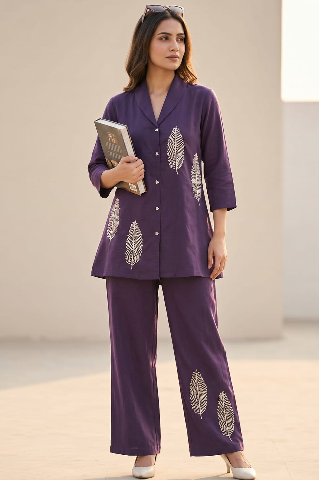 Royal Purple Leaf Embroidered Cotton Co-Ord Set for Women — Notch Lapel Shirt & Straight Trousers
