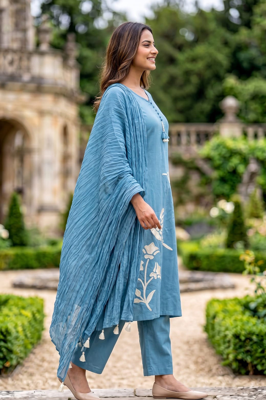 Powder Blue Bird Print Cotton Co-ord Set for Women – Kurta, Pant & Crinkle Dupatta