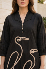 Midnight Black Crane Embroidered Cotton Co-Ord Set
