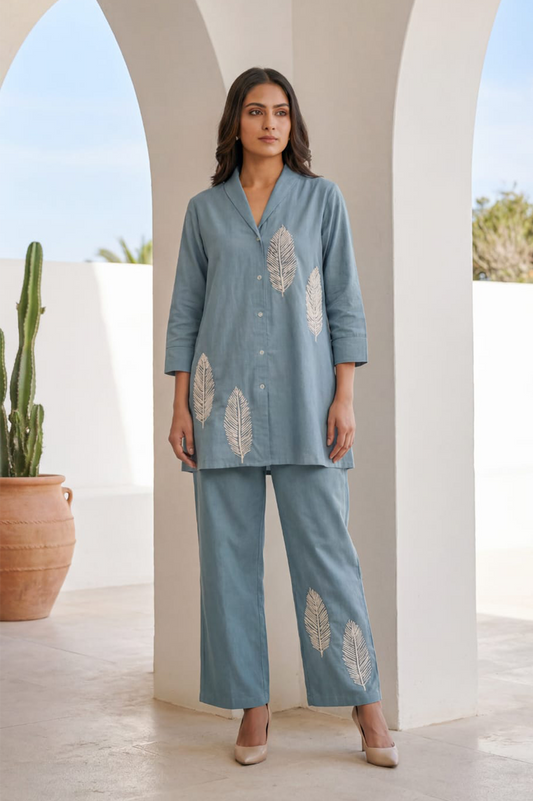 Sky Blue Leaf Embroidered Cotton Co-Ord Set