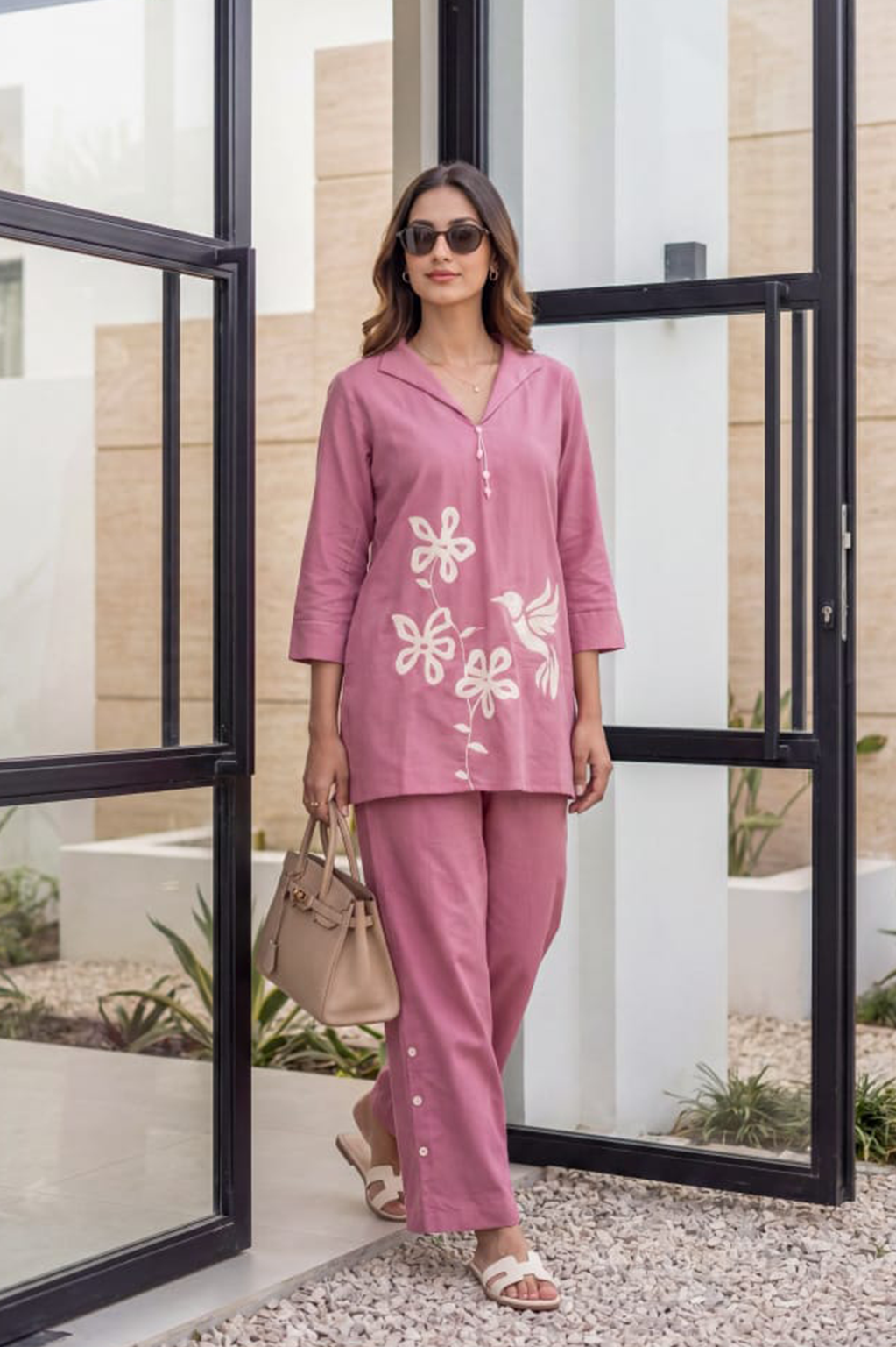 Pink Bird Embroidered Cotton Co-Ord Set for Women — Collared V-Neck Tunic & Straight Trousers