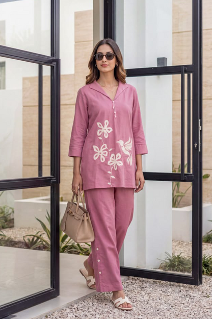 Pink Bird Embroidered Cotton Co-Ord Set for Women — Collared V-Neck Tunic & Straight Trousers