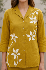 Mustard Yellow Floral Print Cotton Co-Ord Set — Shirt & Wide-Leg Trouser