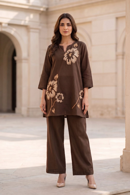 Coffee Brown Floral Print Cotton Co-Ord Set
