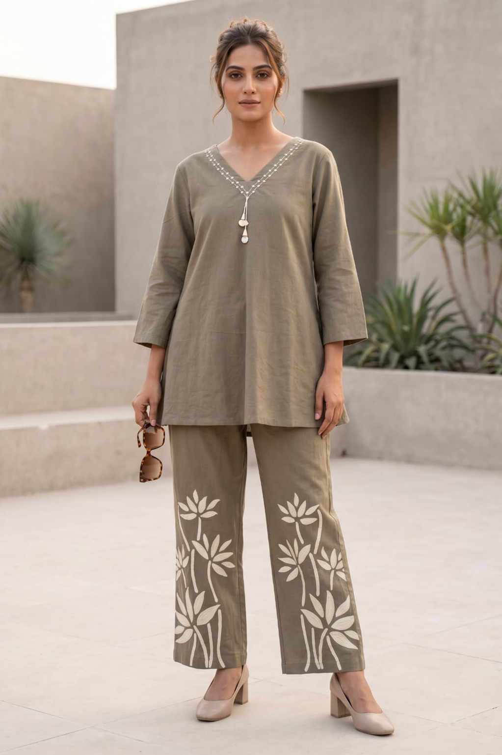 Olive Taupe Floral Print Cotton Co-Ord Set