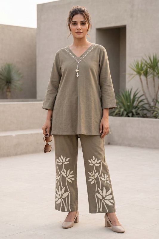 Olive Taupe Floral Print Cotton Co-Ord Set