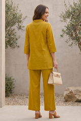 Mustard Yellow Floral Print Cotton Co-Ord Set — Shirt & Wide-Leg Trouser
