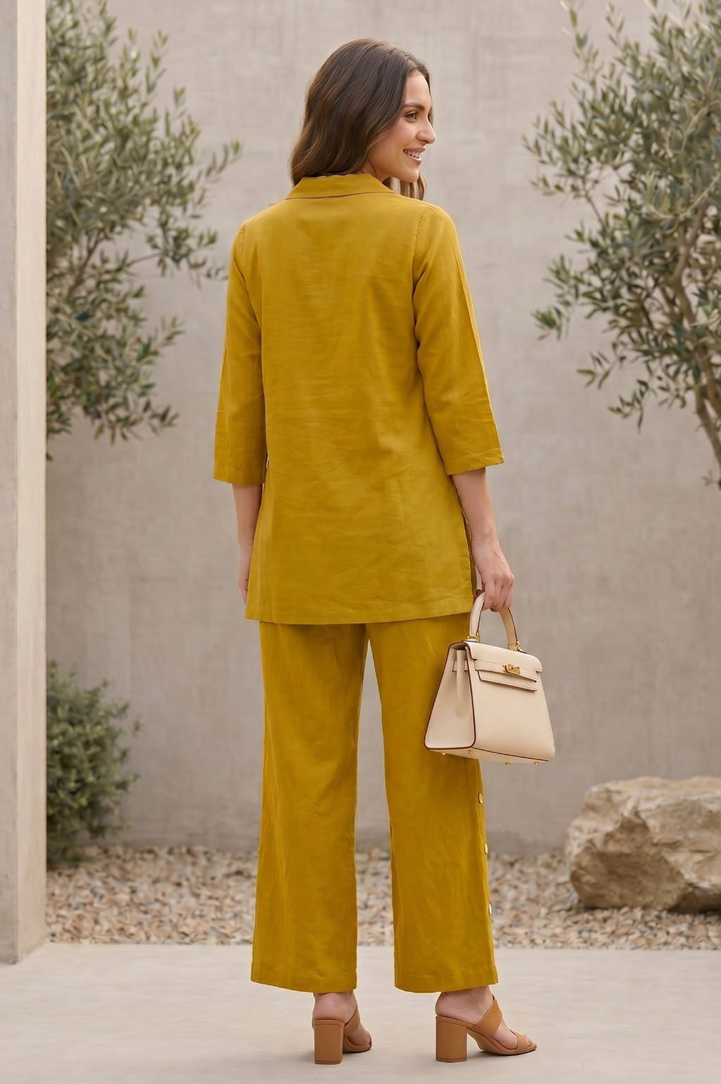 Mustard Yellow Floral Print Cotton Co-Ord Set — Shirt & Wide-Leg Trouser