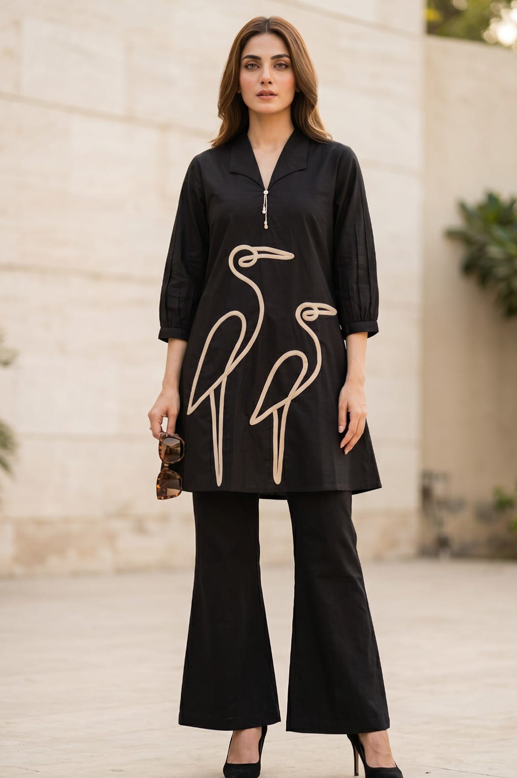 Midnight Black Crane Embroidered Cotton Co-Ord Set
