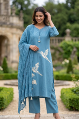 Powder Blue Bird Print Cotton Co-ord Set for Women – Kurta, Pant & Crinkle Dupatta