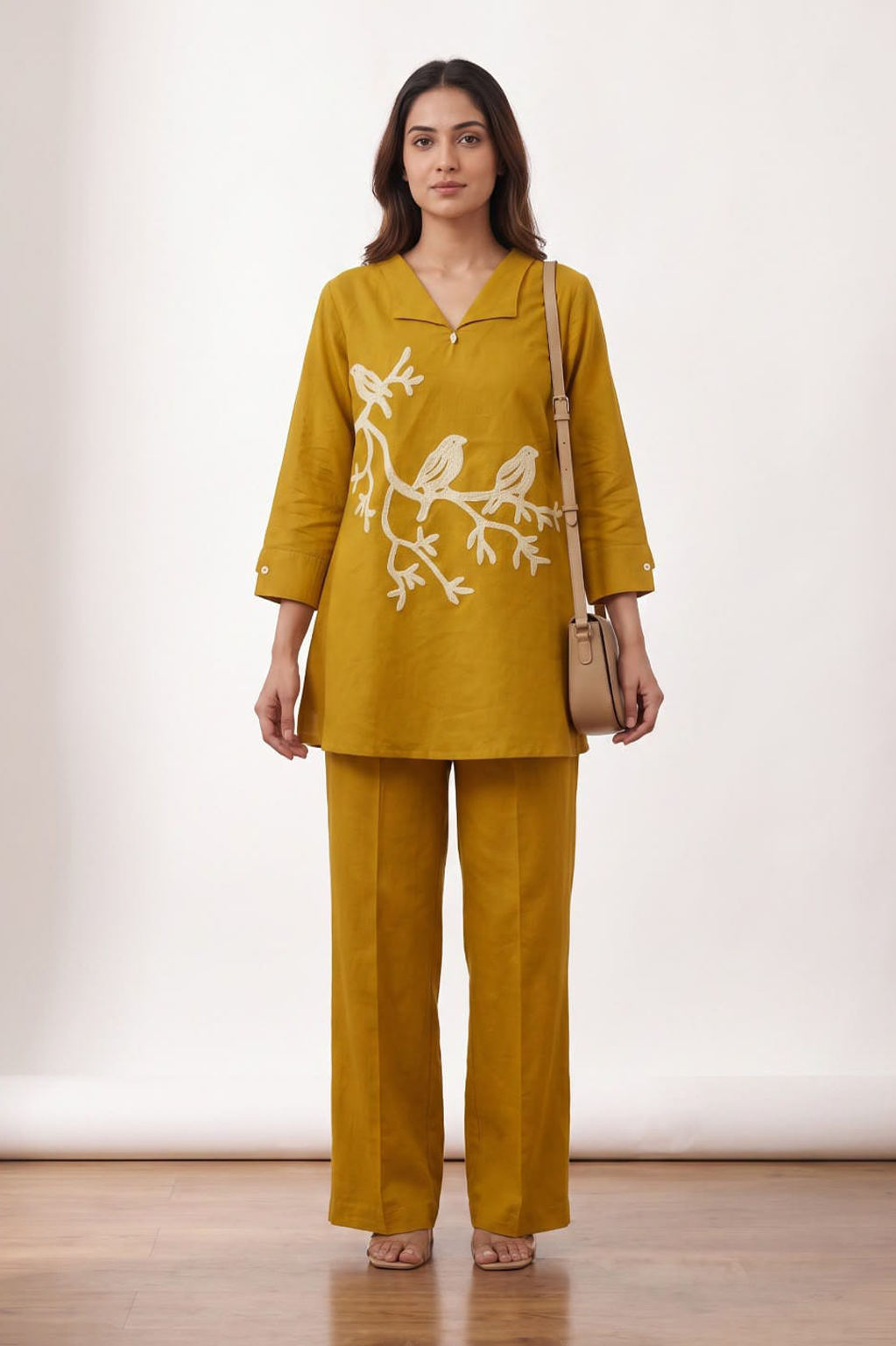 Mustard Yellow Bird Embroidered Cotton Co-Ord Set