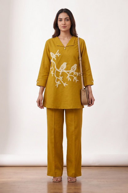 Mustard Yellow Bird Embroidered Cotton Co-Ord Set