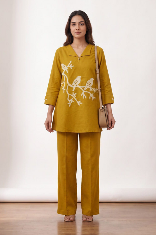 Mustard Yellow Bird Embroidered Cotton Co-Ord Set