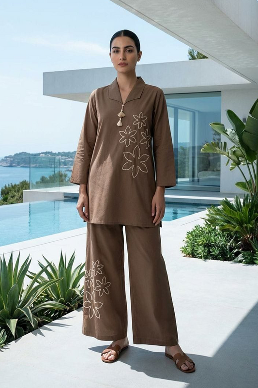 Mocha Brown Floral Embroidered Cotton Co-Ord Set