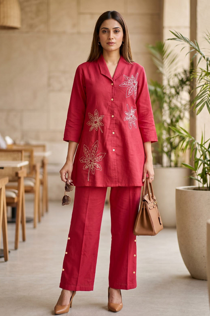 Crimson Red Leaf Embroidered Cotton Co-Ord Set
