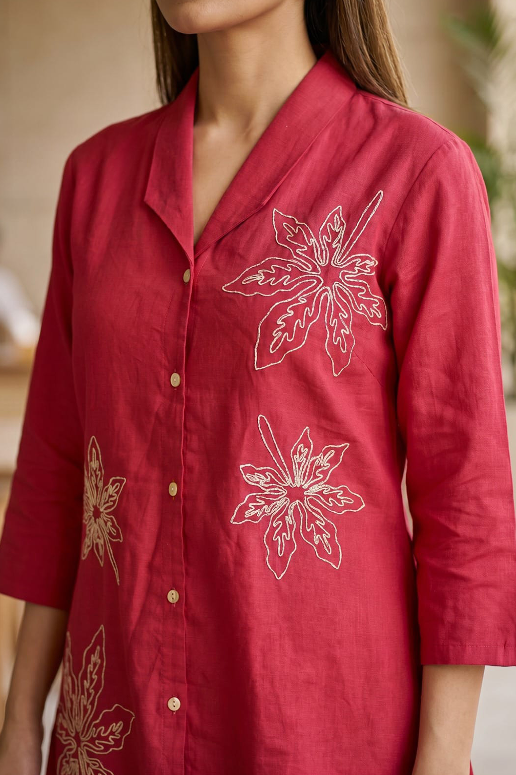 Crimson Red Leaf Embroidered Cotton Co-Ord Set